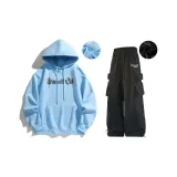 Glacier Blue Sweatshirt+Black Casual Pants[Fleece-Lined]