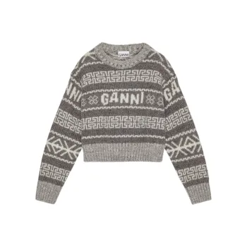 GANNI FW23 Lambswool Cropped O-Neck Pullover Sweater Women's Gray