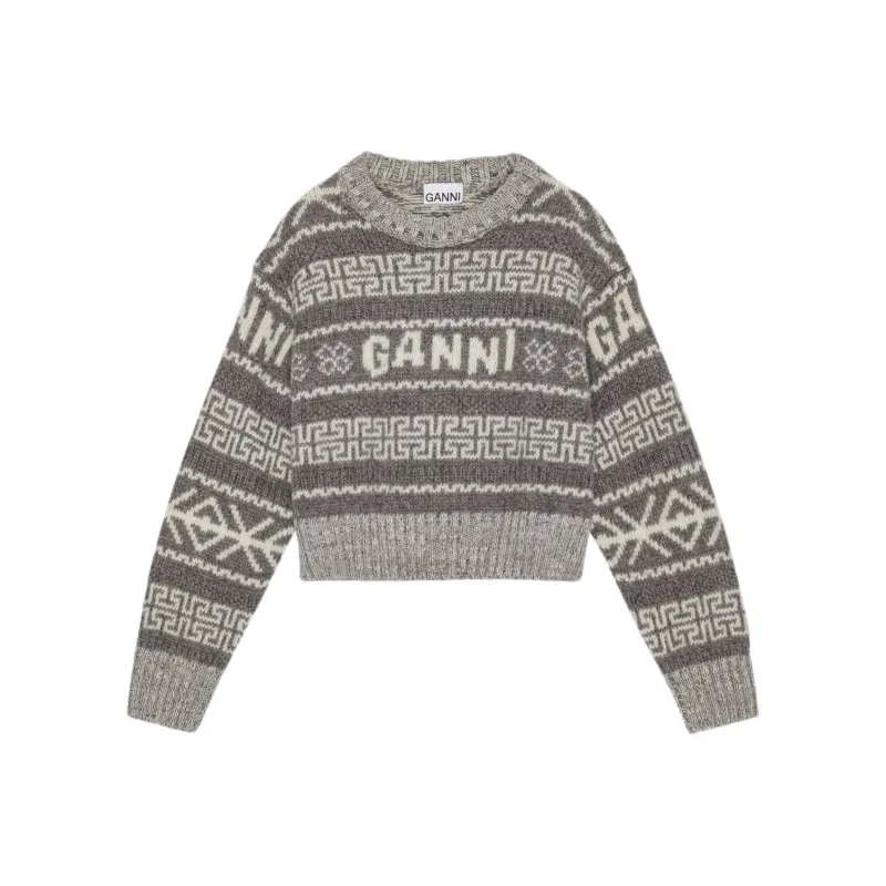 GANNI FW23 Lambswool Cropped O-Neck Pullover Sweater Women's Gray-0