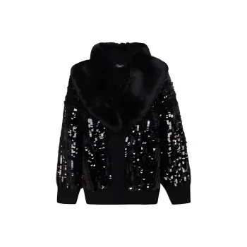 Blumarine Sequin embellished Faux fur Trim Cardigan