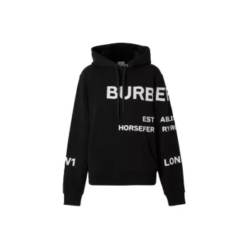 Burberry Horseferry Print Oversized Cotton Drawstring Hoodie Black