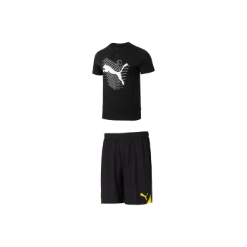 PUMA Casual Sportswear Men Set Black Short Sleeved Shirt+Black Yellow Shorts