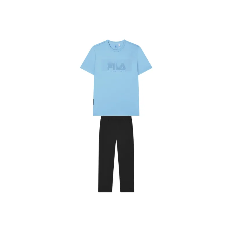 FILA Casual Sportswear Men Clothing Set Blue Short Sleeved Shirt+Jet Black Pants-0
