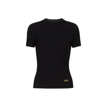 BALMAIN Logo Plaque Short Sleeved Ribbed Knit Top