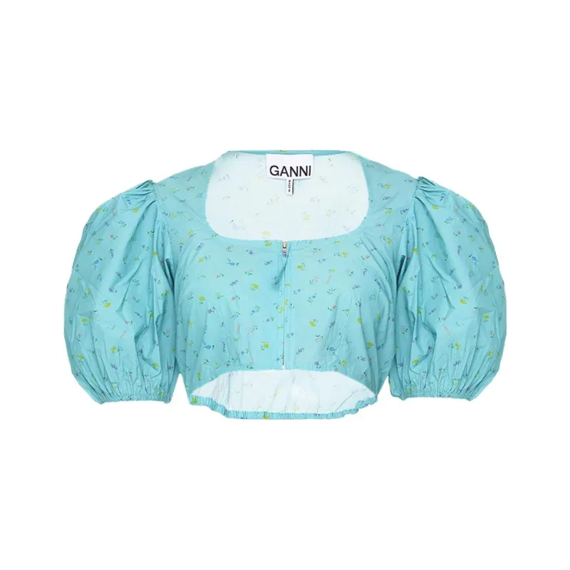 GANNI Puff Sleeved Cropped Top-0