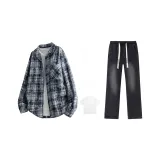 Navy Blue Plaid+Black[Includes White T-Shirt]