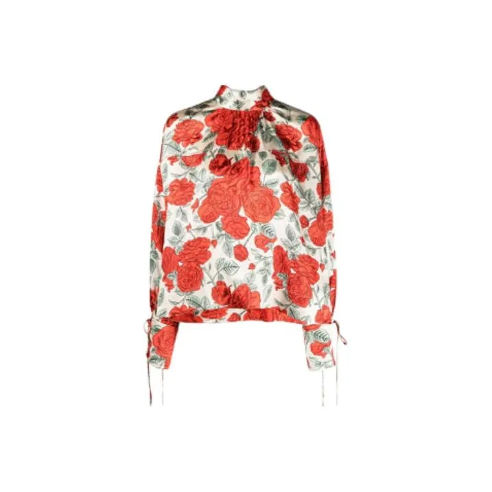 GANNI Silk Stretch Satin Oversized Blouse 'Sand'-0