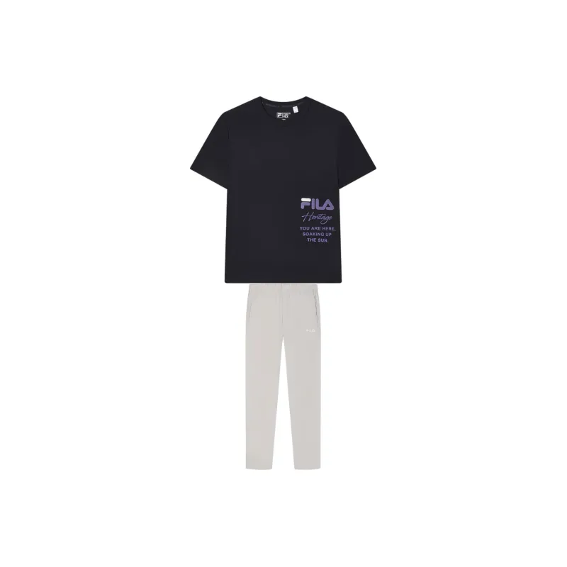 FILA Casual Sportswear Men Clothing Sets Legend Blue Top+Light Khaki Pants-0