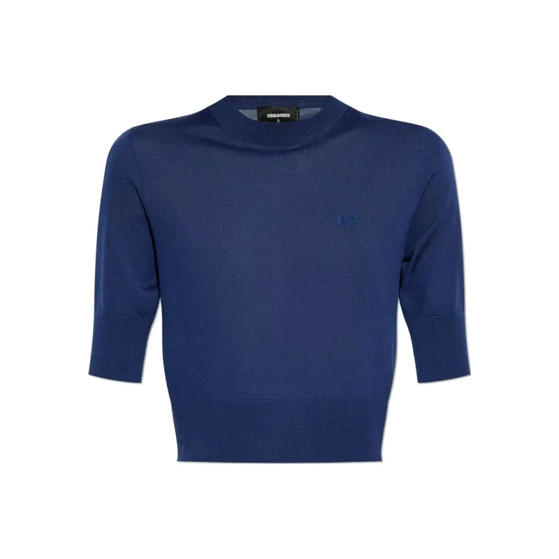 DSQUARED 2 D2 Logo Embroidered Cropped Knit Top-0