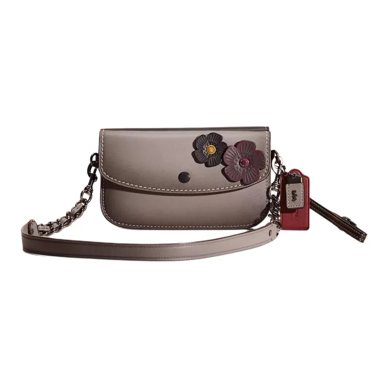 COACH Double Up Glove Tanned Leather Shoulder Bag Small Size Women's Silver Gray & Taupe-0