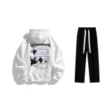 Fleece-Lined Clothing Set (White Fleece-Lined Sweatshirt+Black Fleece-Lined Casual Pants)