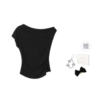 Fstudio Summer Korean Style Design Off Shoulder Versatile Fashion Short Sleeved T Shirts Women's Black