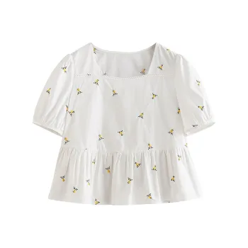 Initial Language Shirt Women's White Base Yellow Flower