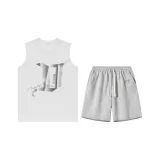 White Tank Top+Light Gray Shorts (High-Quality Two-Piece Set)