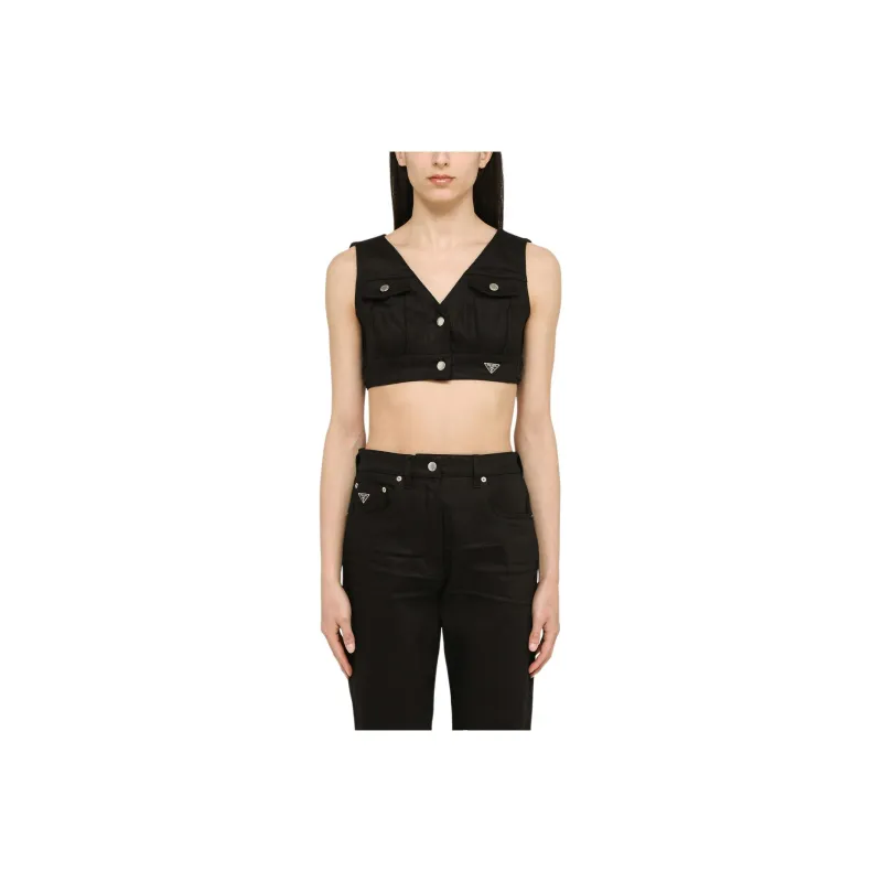 PRADA Triangle Logo Plaque V Neck Cropped Vest-0