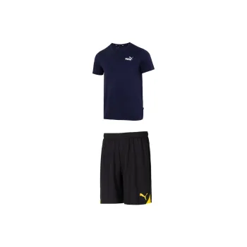 PUMA Casual Sportswear Men Set Blue Short Sleeved Shirt+Black Yellow Shorts