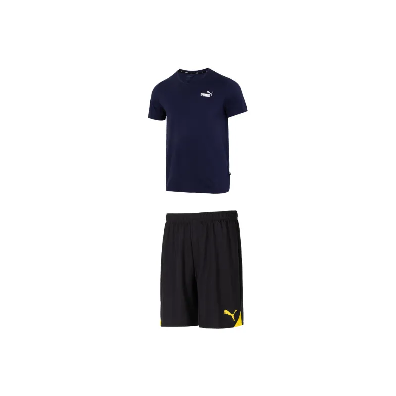 PUMA Casual Sportswear Men Set Blue Short Sleeved Shirt+Black Yellow Shorts-0