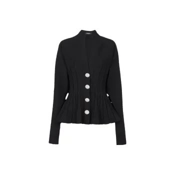 BALMAIN Ribbed Knit Peplum Cardigan