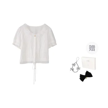 Fstudio Korean Style 100% Cotton Crew Neck High Rise Fashion Lace Trim Top Short Sleeved T Shirts Women's White