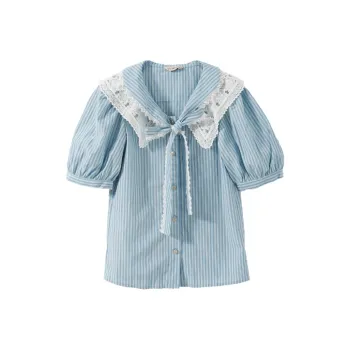 YUMOMO STAR Shirts Women's Blue Stripes Pattern