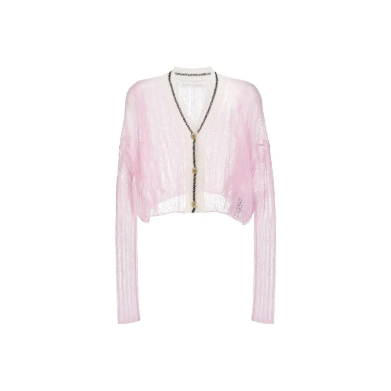 PALM ANGELS Women's Mohair Wool Blend Contrasting Trim Cardigan Pink/Cloud White-0