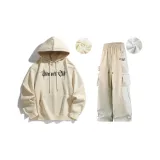 Light Apricot Hoodie+Apricot Casual Pants[Fleece-Lined]