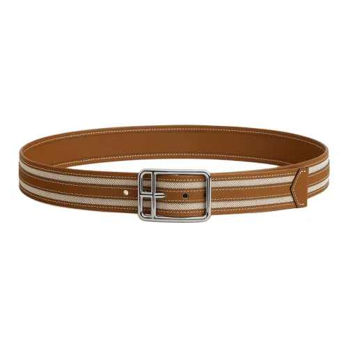 HERMES Calfskin, Canvas, Leather, Metal Leather Belts Unisex Brown 3.8CM