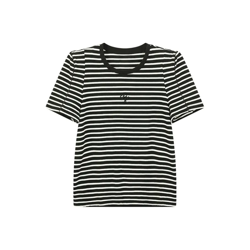 Yu Qianwen Regular T Shirt Women's Black White Stripes-0
