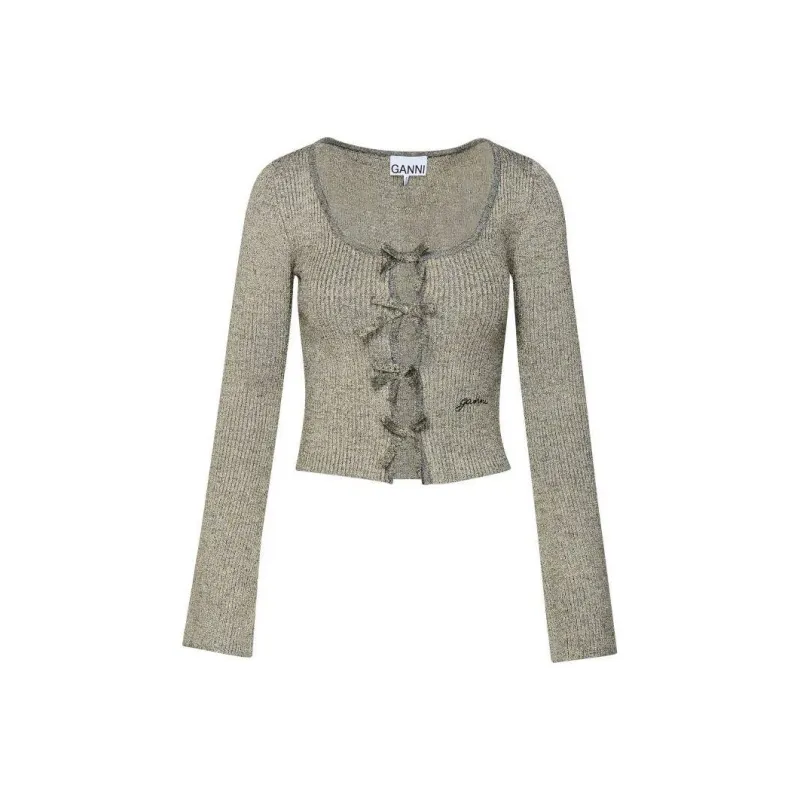GANNI Logo embroidered Lurex knit Cardigan-0