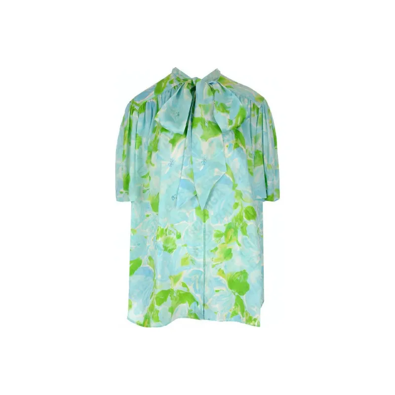 Balenciaga Short Sleeve Scarf Blouse 'Blue/Green'-0