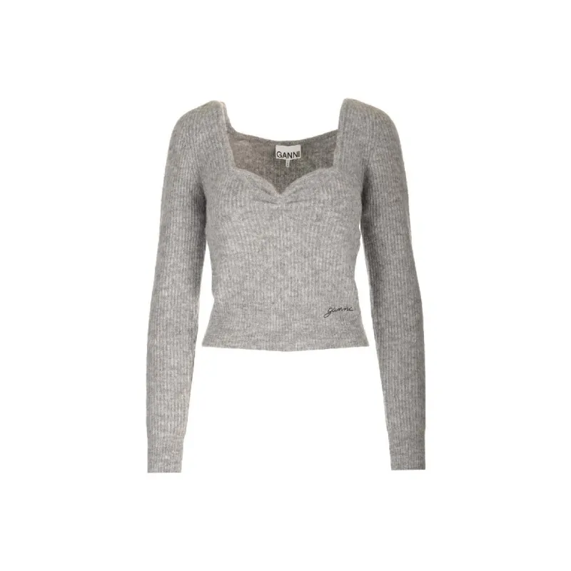 GANNI Logo Embroidered Sweetheart Neck Jumper-0