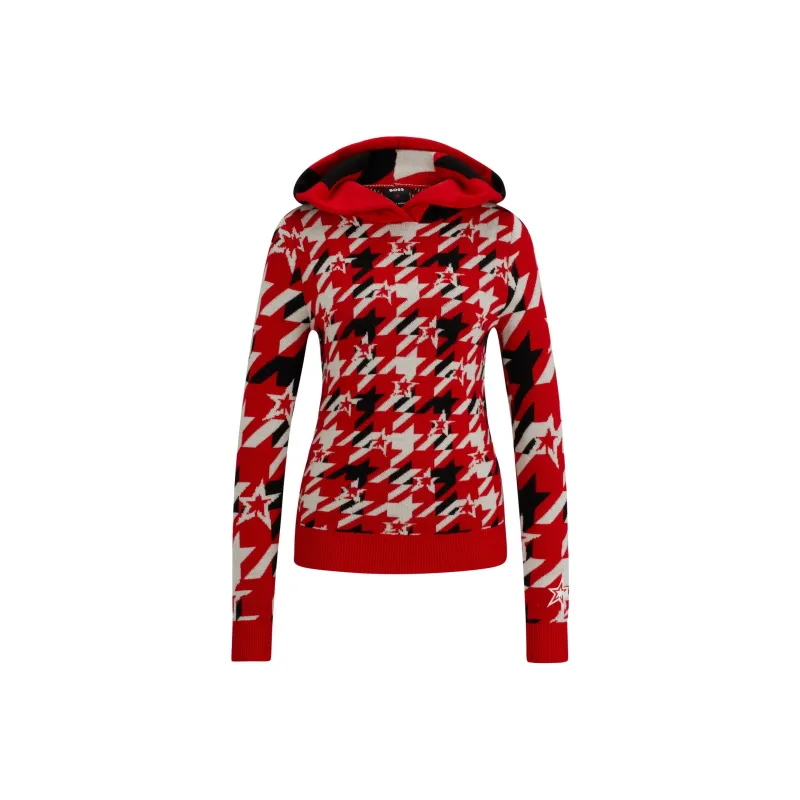 HUGO BOSS x PERFECT MOMENT Houndstooth Hoodie In Virgin Wool Sweater Women's Red-0