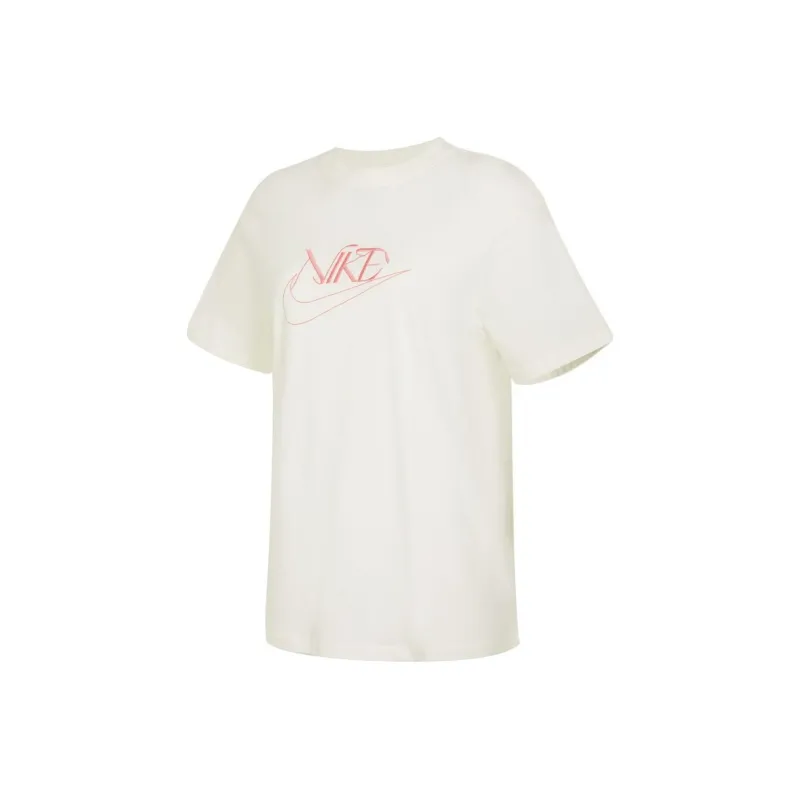 Nike Women'ss Letter Print Crewneck Retro T-Shirt Beige-0