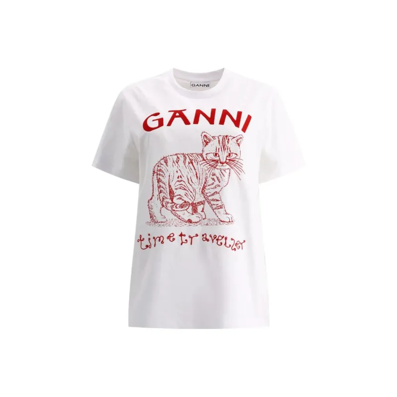 GANNI Future Cat print Cotton T shirt-0