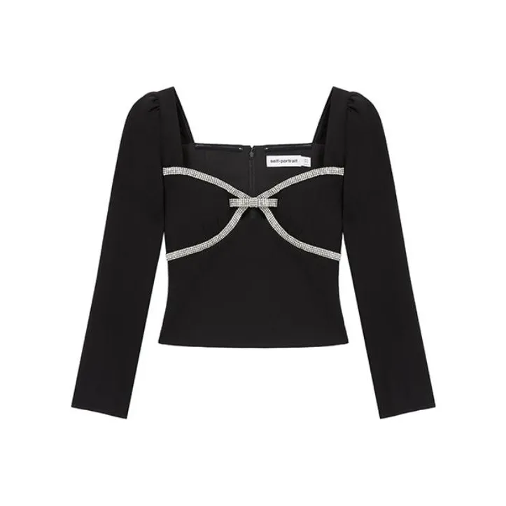 Self portrait Diamante Bow Top-0