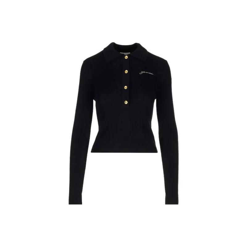 GANNI Logo Embroidered Knitted Polo Shirt-0
