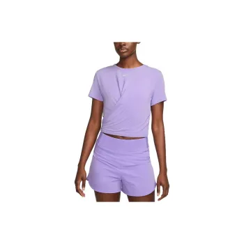 Nike Dri FIT One Luxe Logo Crewneck Twist Front Pullover T Shirt Purple