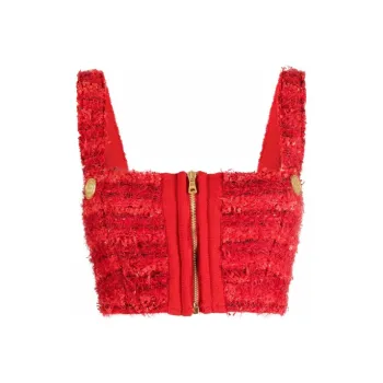 BALMAIN Cropped Zipped Tweed Strap Top 'Rouge'
