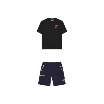 FILA Casual Sportswear Men Set Jet Black Short-Sleeved Shirt+Secret Mirror Blue Shorts