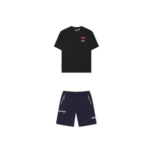 FILA Casual Sportswear Men Set Jet Black Short-Sleeved Shirt+Secret Mirror Blue Shorts