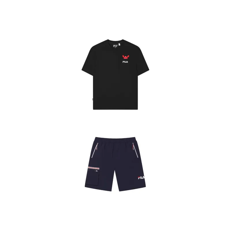 FILA Casual Sportswear Men Set Jet Black Short-Sleeved Shirt+Secret Mirror Blue Shorts-0