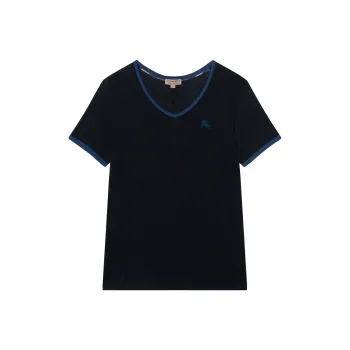 Burberry Women's Embroidered Monogram Ekd V Neck T shirt Black/Navy