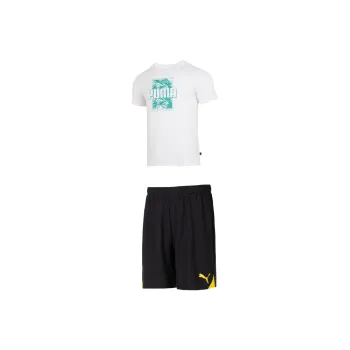 PUMA Casual Sportswear Men Set White Short Sleeved Shirt+Black Yellow Shorts