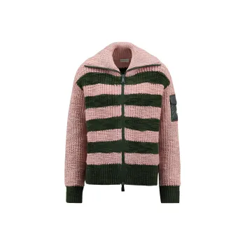 Moncler Women's Turtleneck Two Toned Striped Back Cardigan Antique Pink/Green