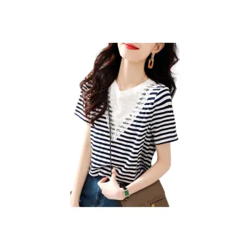 Mu Xiao Xin T Shirt Women's Navy Blue Stripes