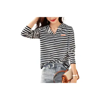Mo Han Yi Mei T Shirt Women's Navy Blue Stripes