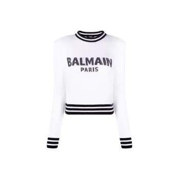 BALMAIN Cropped Mesh Logo Sweater 'Blanc/Noir'