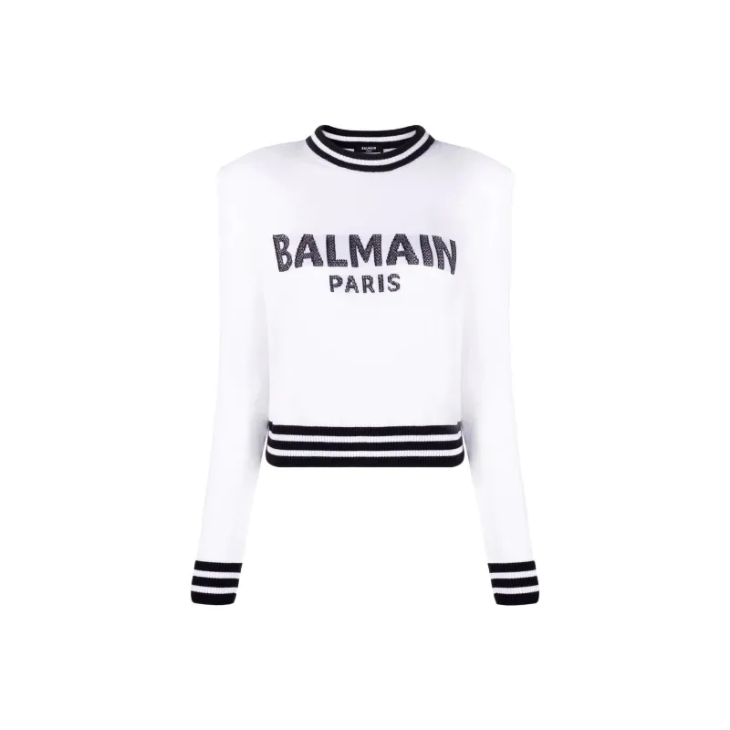 BALMAIN Cropped Mesh Logo Sweater 'Blanc/Noir'-0
