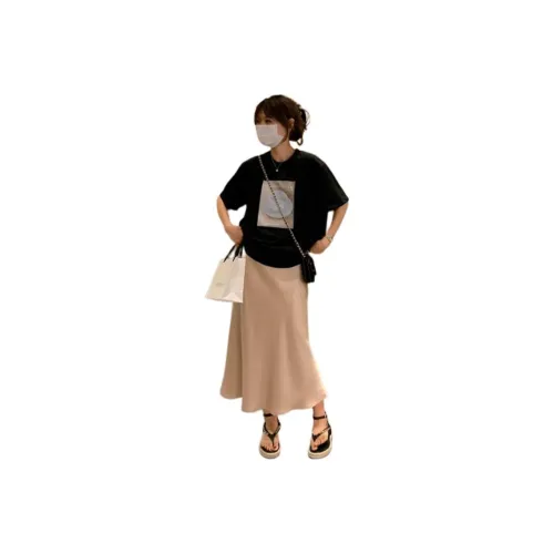QIANGKOUPAOCAI Drop Shoulder Sleeve T-Shirt Women's Black