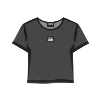 VERSACE JEANS COUTURE Solid Color Logo Mesh Short Sleeved Short T Shirt Women's Black